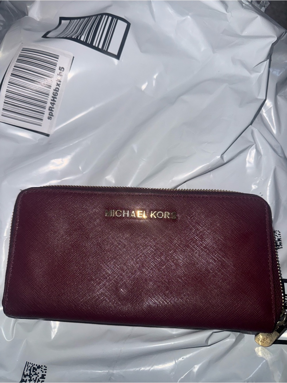 Michael Kors Burgundy Zip-Around Leather Wallet with Gold Logo